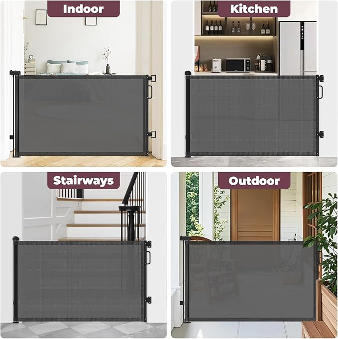 Retractable Baby Gate for Stairs, 55" Wide Mesh Dog Gate Indoor, 34" Tall Child Gate for Doorways, Hallways, Deck, Indoor Outdoor Pet Baby Safety Essentials for Home, Black