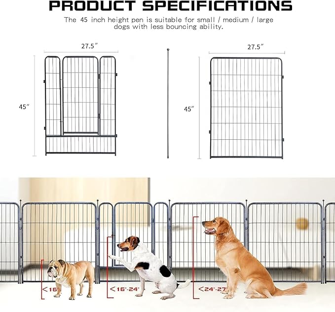 Dog Playpen,32/40/45 Inch Height in Heavy Duty, Folding Indoor Outdoor Anti-Rust Dog Exercise Fence, Portable Pet Playpen with Door for Large Medium Small Dogs and Pet (40 Panels, 45 Inch) Silver