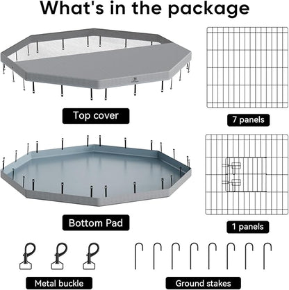 PJYuCien Dog Playpen with Top Cover and Bottom Pad - Metal Foldable Exercise Pen, 8 Panels 30" H x 24" W Indoor Outdoor Pet Fence Puppy Crate Kennel, Gray