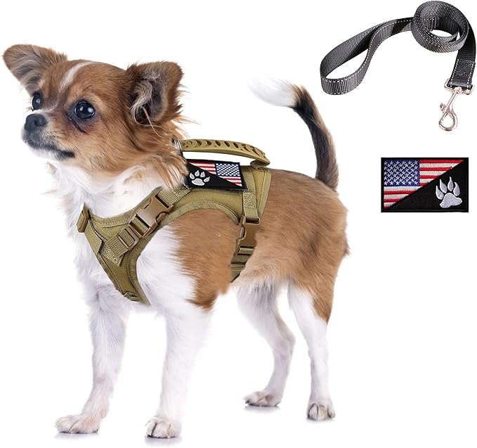 Tactical Dog Harness with Leash Tactical Puppy Vest with Rubber Handle K9 Military Adjustable Pet Harness for Outdoor Training XS Dog Harness (Brown Harness with Leash)