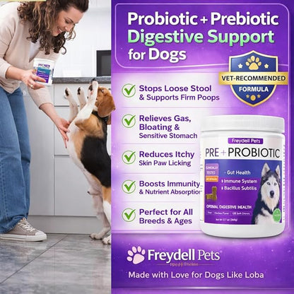 Freydell Pets Probiotics for Dogs– Digestive Enzymes, Prebiotics & Fiber Soft Chews – Gut Health, Diarrhea Relief, Yeast Balance, Immune Support, Pumpkin & Papaya – Dog Probiotic Supplement 120 Chews
