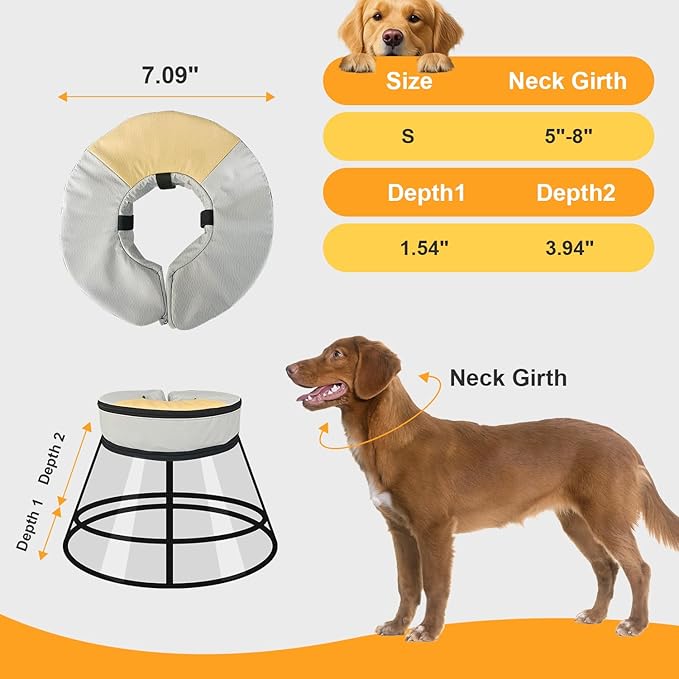 Sponge Core Dog Cat Cone Collar for After Surgery Recovery, Inflatable Dog Cone Alternative, Lainergie Dogs Donut Collar Adjustable with 2PCS Cover for Large Medium Small Dogs Cats (Grey+Yellow, S)