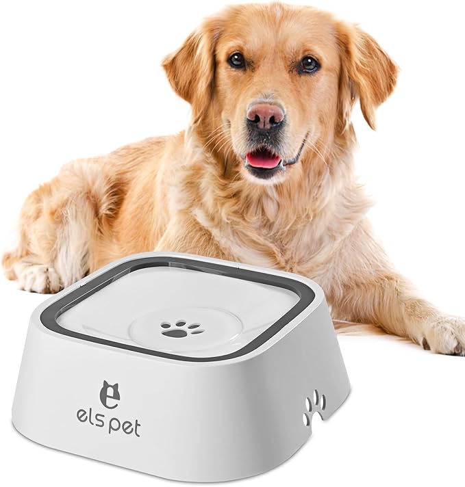 Dog Water Bowl no Spill, 35oz Slow Water Bowl for Dogs, BPA-Free, Anti-Splash & No-Slip Design, 1L Vehicle Carried Travel Spill Proof Pet Bowls, for Small Medium Cats and Pets. (White, 1L)