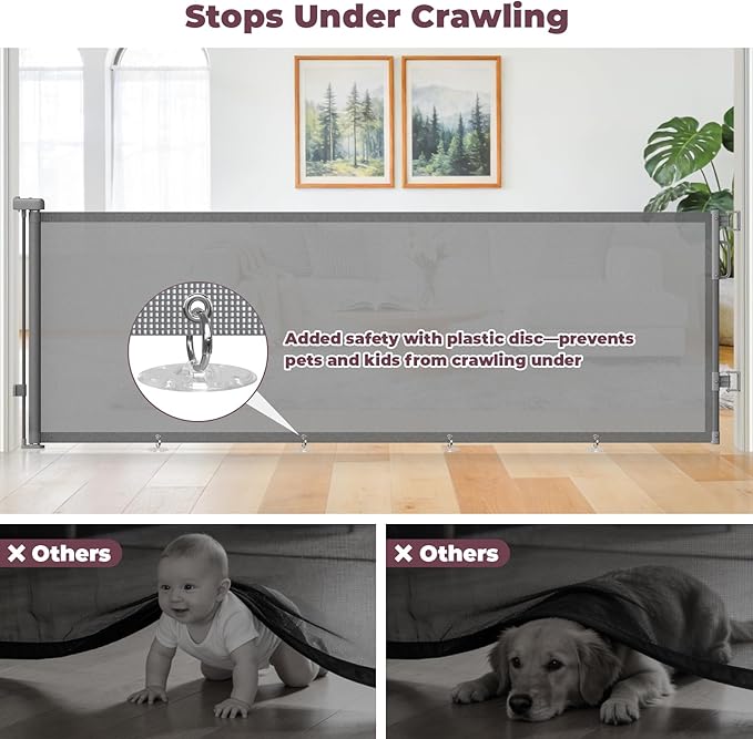 96" Retractable Baby Gates Large Openings, Extra Wide Mesh Dog Gate for Garage Deck Porch, Strong Suction Disc Prevent Crawling Under, 34" Tall Long Safety Gate for Child Indoor Outdoor, Gray