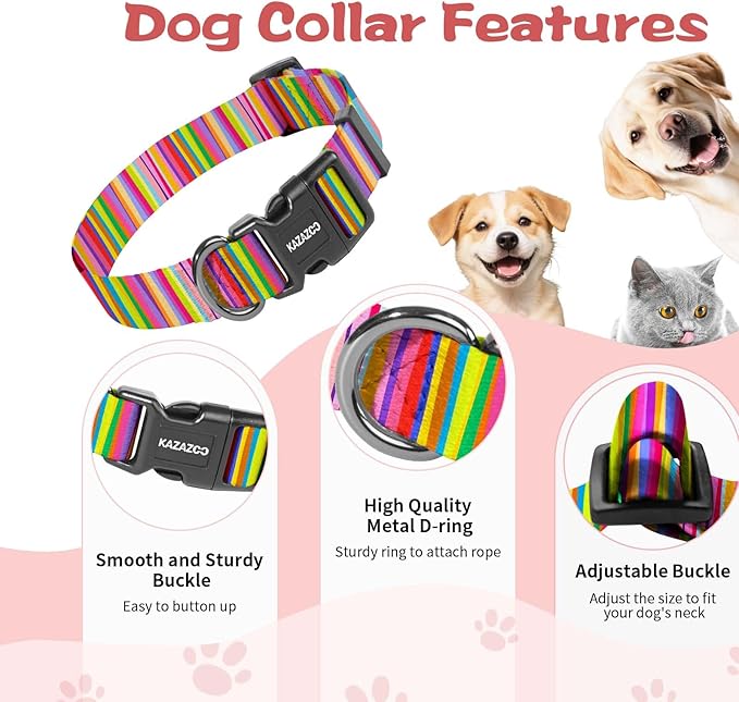Kazazoo Dog Collar Cute and Soft Nylon Puppy Collar for Boy and Girl, Adjustable Dog Collars for Medium Large Dogs, Rainbow-L