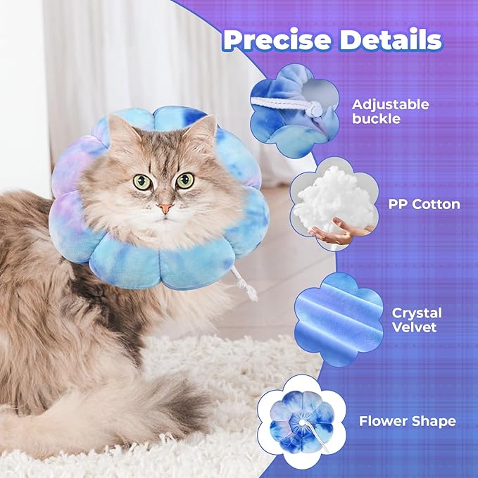 Flower Cat Cone, Uadonile Adjustable Dog Cone Collar, Soft Dog Elizabethan Collar Recovery E Collar After Surgery, Recovery E-Collar for Kittens/Puppies and Cats Recovery(Tie-dye Purple Blue, L)