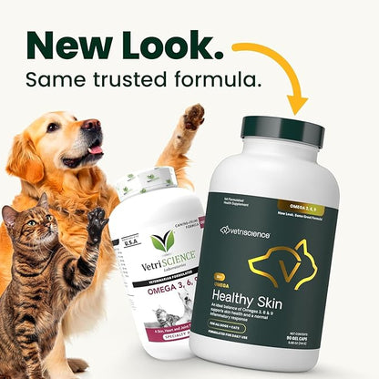 VetriScience Omega Healthy Skin and Coat Capsules, 3,6,9 Fish Oil Supplement for Dogs and Cats, Reduce Shedding, Over 750 mg Omega Fatty Acids per Capsule, Gel Caps, 90 Count