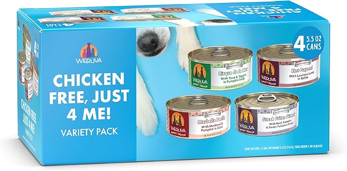 Weruva Classic Dog Food, Chicken Free, Just 4 Me Trial Variety Pack, 5.5oz Can, Pack of 4