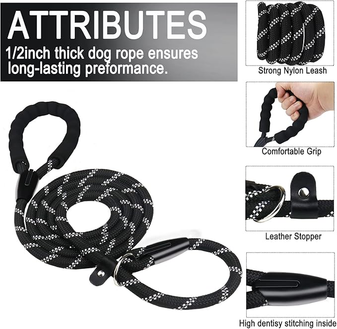BOOEUDI Dog Leash, 5 FT Heavy Duty Dog Leashes, Durable Premium Quality Strong Training Rope Slip Leash with Comfortable Padded Handle and Highly Reflective Threads for Small Medium and Large Dogs