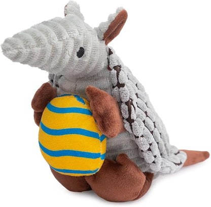 Hollypet Plush Dog Squeaky Toy Stuffed Armadillo Animal Pet Puppy Chew Toys with Clean Teeth for Small Medium Large All Breed Sizes Dogs, Gray, 8 in, Yellow Egg with Blue Stripes