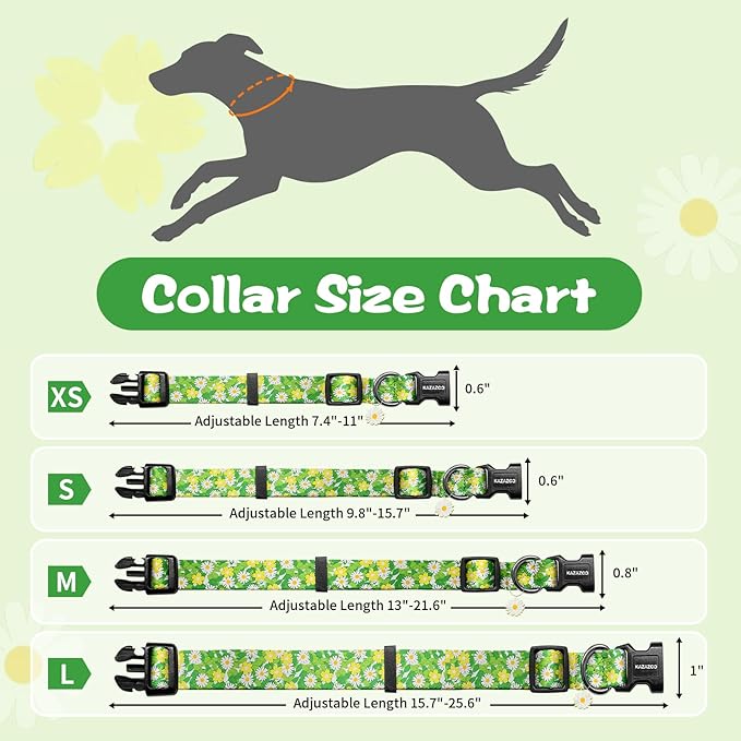 Kazazoo Dog Collar Cute and Soft Nylon Puppy Collar for Boy and Girl, Adjustable Dog Collars for Small Medium Dogs, Green Daisy-XS