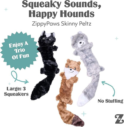 ZippyPaws Skinny Peltz - No Stuffing Dog Toy Pack to Keep Them Busy, for Medium and Large Dogs, Squeaky Pet Toys, Unstuffed Chew Toys, Soft Plush Variety Pack, Weasel, Skunk, and Wolf - 18"
