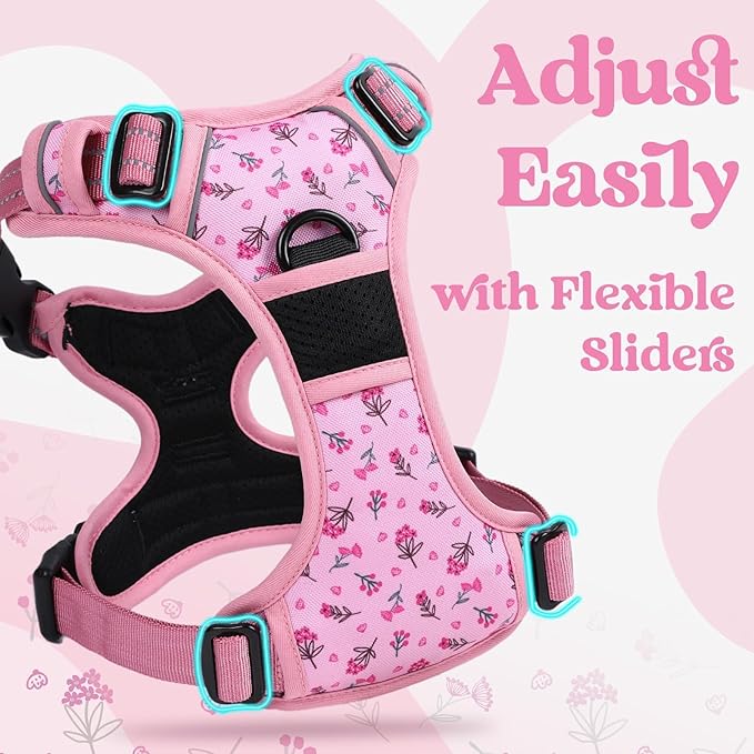 rabbitgoo Dog Harness Small Sized, No Pull Pet Harness with 3 Buckles, Adjustable Soft Padded Vest with Control Handle, Walking Reflective Pet Vest for Small Dogs, Floral Pink, S