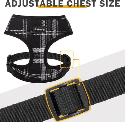 SCENEREAL No Pull Dog Harness Collar and Leash Set Small Medium Sized Dog, Soft Mesh Puppy Harnesses, No Chock Plaid Adjustable Pet Vest for Outdoor Walking Training and Running, Black S