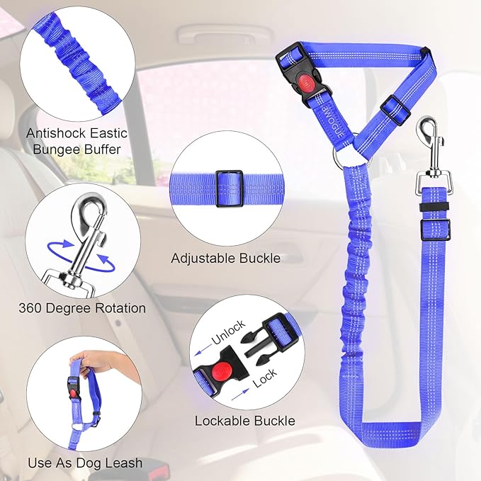 BWOGUE Pet Dog Cat Seat Belts, Car Headrest Restraint Adjustable Safety Leads Vehicle Seatbelt Harness (1 Pack, Purple, Elastic)
