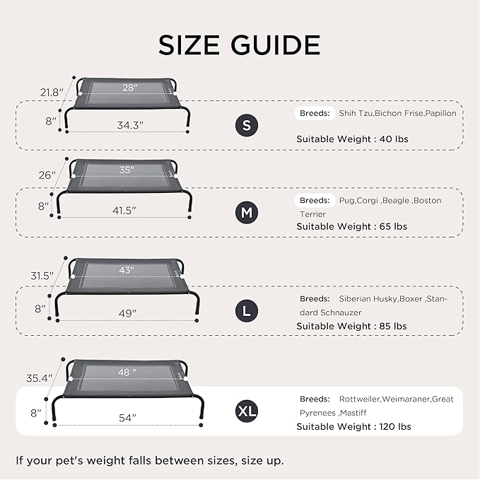Bedsure Outdoor Elevated XL Dog Bed, Portable Indoor & Outdoor Cooling Raised Cot Pet Hammock Bed with Skid-Resistant Feet, Frame with Breathable Mesh, Grey, 54 inches