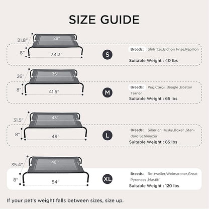 Bedsure Outdoor Elevated XL Dog Bed, Portable Indoor & Outdoor Cooling Raised Cot Pet Hammock Bed with Skid-Resistant Feet, Frame with Breathable Mesh, Grey, 54 inches