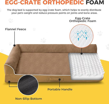 Dog Bed Large Sized Dogs, Orthopedic Dog Bed for Large Dogs, Waterproof Pet Bed with Washable Removable Cover, L-Shaped Pet Couch with Portable Handle 36"x27"x6.5", Camel