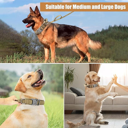 Tactical Dog Collar Leash Set, Adjustable Military Training Nylon Collar Dog Training with Control Handleand Metal Buckle, Dog Collar for Medium Large Dogs (Brown,L)