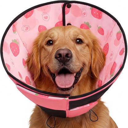 Queenmore Dog Cones for Large Dogs, Soft Dog Cone, Cone for Dogs to Stop Licking After Surgery, Adjustable Elizabethan Collar for Pet to Prevent Licking Wounds, Strawberry L
