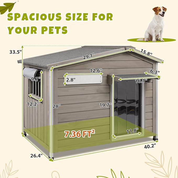 PetsCosset 40.2" L Large Dog House Outdoor & Indoor,Fir Wood Dog Kennel with Weatherproof Openable Asphalt Roof,Spacious Doghouse with Anti-Chewing Metal Edges for Small & Medium & Large Dogs,Grey