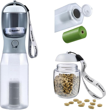Cibaabo Dog Water Bottle with Food Container & Poop Bag Holder, Travel Water Bowl, Portable Pet Dispenser, Dog Gifts Stuff Accessories Items, Puppy Essentials for Yorkie Chihuahua Walking Hiking
