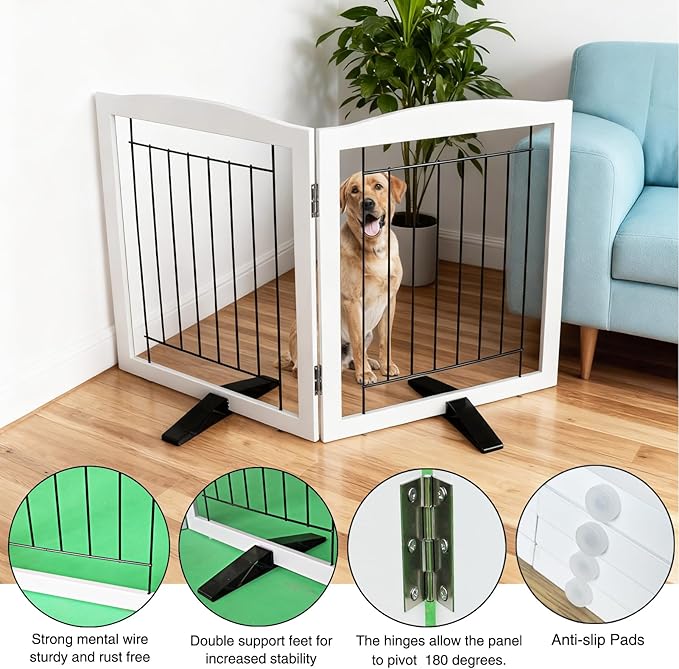 ZJSF Freestanding Dog Fence Indoor, Foldable Dog Gate for Doorways, Stairs or Hallways, Sturdy Wood Extra Wide Pet Gate with Support Feet for The House, White, 32 "Height-2 Panels
