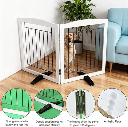 ZJSF Freestanding Dog Fence Indoor, Foldable Dog Gate for Doorways, Stairs or Hallways, Sturdy Wood Extra Wide Pet Gate with Support Feet for The House, White, 32 "Height-2 Panels