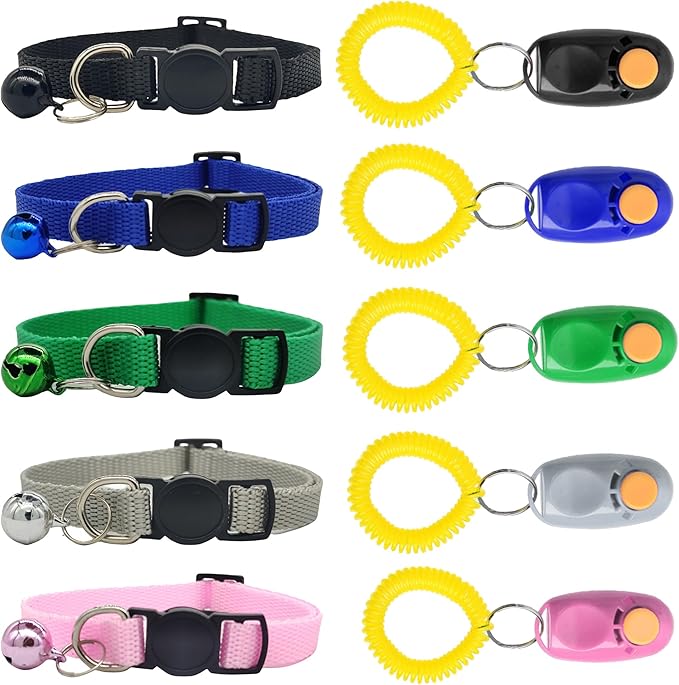 SunGrow Puppy Collars & Training Clickers, Dog Behavioral Management and Positive Reinforcement Tools, Multi-Colored (Blue, Pink, Green, Grey, Black), with Stretchable Wristband, 5 Pairs per Pack