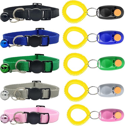 SunGrow Puppy Collars & Training Clickers, Dog Behavioral Management and Positive Reinforcement Tools, Multi-Colored (Blue, Pink, Green, Grey, Black), with Stretchable Wristband, 5 Pairs per Pack