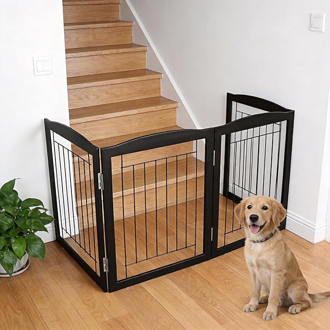 ZJSF Freestanding Foldable Dog Gate for House Extra Wide Wooden Black Indoor Puppy Gate Stairs Dog Gates Doorways Tall Pet Gate 6 Panels Fence