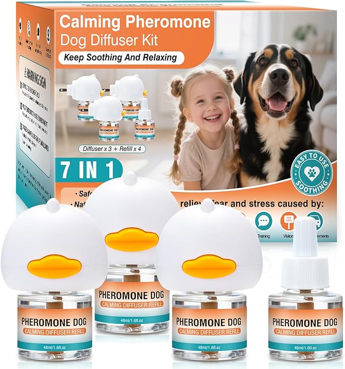 Pheromones Diffuser to Calm Dog Calming 7 in 1 Advanced Kit Appeasing Pheromone Diffuser for Anxiety Relief (3 Plug in+4 Pack 48ml Refill) Reduce Aggression Fighting Barking Stress