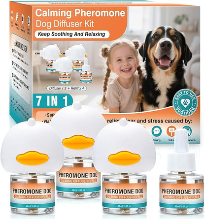 Pheromones Diffuser to Calm Dog Calming 7 in 1 Advanced Kit Appeasing Pheromone Diffuser for Anxiety Relief (3 Plug in+4 Pack 48ml Refill) Reduce Aggression Fighting Barking Stress