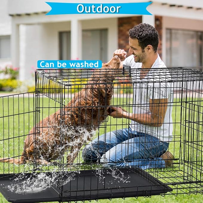 Dog Crate for Large Medium Dogs Folding Dog Kennel Cage with Plastic Tray & Divider 48" Indoor Outdoor Metal Double Door Pet Playpen Heavy Duty Dog Pen Enclosure Black