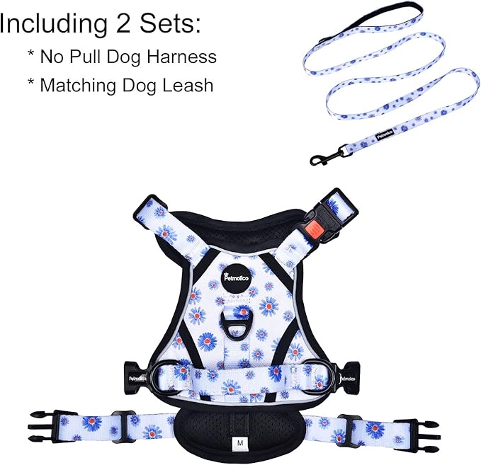Petmolico No Pull Dog Harness and Leash Set, No Choke 4 Leash Attchments Easy Control Handle Soft Padded Reflective Vest Dog Harness for Medium Dog Breed, Daisy Medium