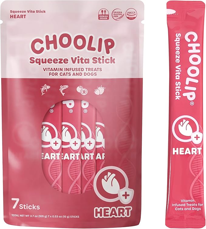 Choolip Squeeze Vita Stick Lickable Cat and Dog Treats, 7-Count Heart Support, Salmon and Tuna with CoQ10, Taurine and L-Carnitine, Grain-Free, Vet-Formulated