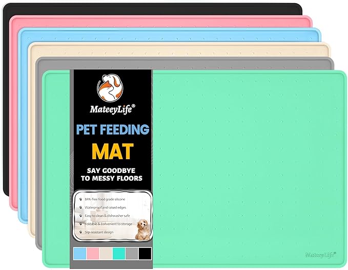 MateeyLife Dog & Cat Food Water Mat for Floors Waterproof, Nonslip Pets Bowl Feeding Mats with Raised Edges, Silicone Matt Tray for Messy Drinkers, 18"x12",MintGreen