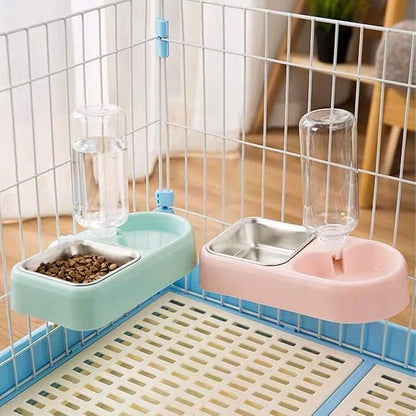 Cage Dual Bowl, Crate Hanging Double Dog Cat Bowls, Pet Water and Food Bowl Set with Automatic Water Dispenser Bottle Detachable Stainless Steel Bowl Cage Dish Holder for Bird Rabbit Dog Cat, Blue