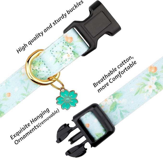 Cotton Handmade Dog Collar Cute and Distinctive Patterns Light Green Flower with Pendant for Girl Boy Dogs Collars M