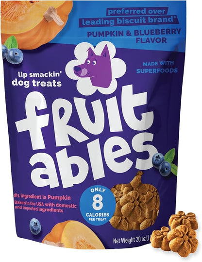Fruitables Baked Dog Treats, Pumpkin Snacks for Dogs, Low Calorie & Delicious, No Wheat, Corn or Soy, Healthy Puppy Training Treats, Made in The USA, Pumpkin and Blueberry Flavor, 20oz