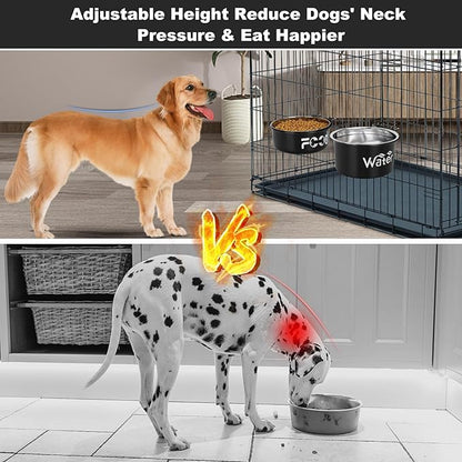Crate Water Bowl No Spill for Large Dogs, Removable Stainless Steel Dog Bowls for Food and Water, Dog Kennel Hanging Wet and Dry Food Feeder for Medium/Large Pets, (7.1"x3.7" & 6.3"*2.6", Black)
