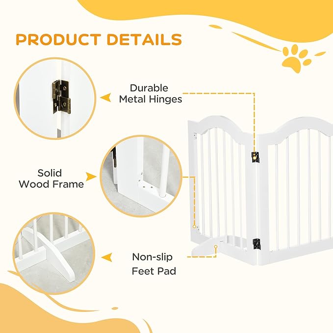 PawHut Freestanding Pet Gate for Dogs 24" Tall Foldable Dog Gates Indoor Wooden Barrier 3 Panels with 2 Support Feet, for Doorway Stairs, White