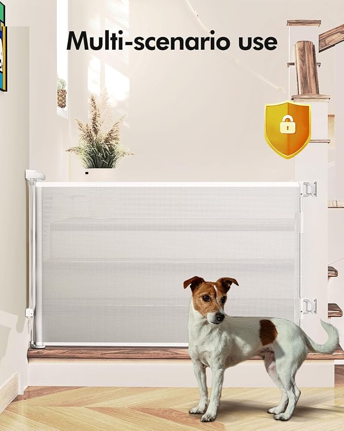 Retractable Baby Gates, Mesh Dog Gate for Doorways, 33.6" Tall, Expands to 55" Wide,Pet Safety Essential Fit for Baseboards, Wide Toddlers Gates for Hallways, Indoor & Outdoor,White