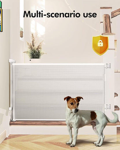 Retractable Baby Gates, Mesh Dog Gate for Doorways, 33.6" Tall, Expands to 71" Wide,Pet Safety Essential Fit for Baseboards, Wide Toddlers Gates for Hallways, Indoor & Outdoor,White