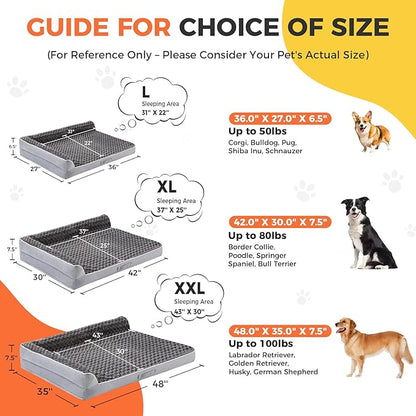 Dog Bed Large Sized Dogs, Orthopedic Dog Bed for Large Dogs, Waterproof Pet Bed with Washable Removable Cover, L-Shaped Pet Couch with Portable Handle 36"x27"x6.5", Grey