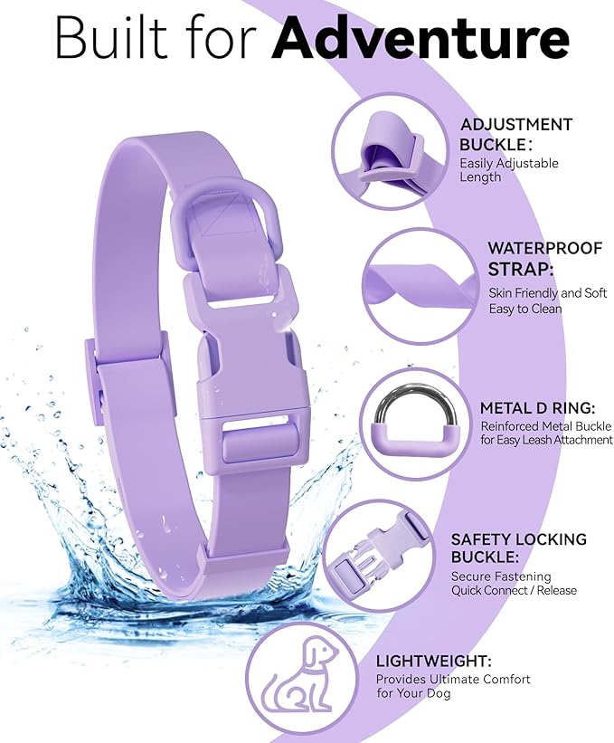 Waterproof Dog Collar, Rubber Adjustable Collars with Quick Release Buckle, Odor-Resistant, Easy to Clean Pet Collars for Small Medium or Large Dogs (Purple, M 11.8-18.5 inch)
