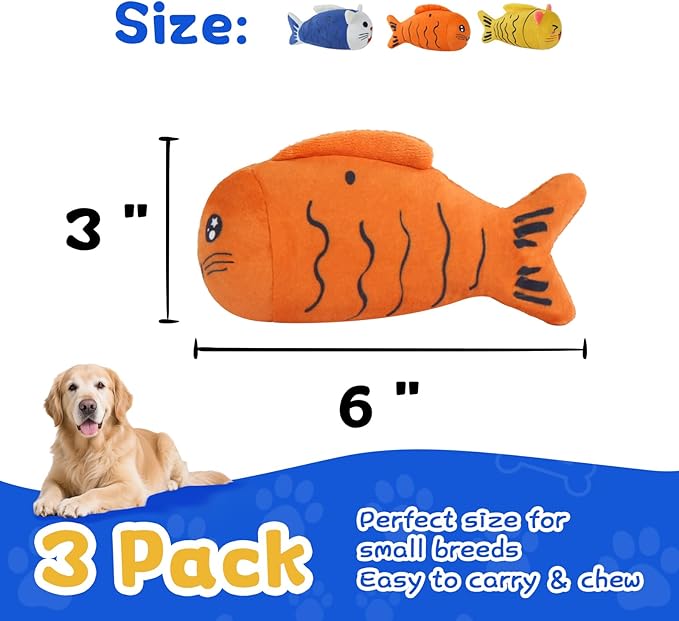 lilfrd Squeaky Dog Toys for Small Dogs & Puppy – 3 Pack Fish Crinkle Squeak Pet Toys for Interactive Play, Boredom Relief & Teeth Cleaning