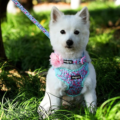 Blueberry Pet Made Well Cute Floral Print Adjustable Dog Collar in Light Blue with Pink Artificial Silk Flower, Large, Neck 18"-26"