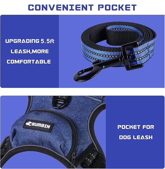 BUMBIN Dog Harness for Large Dogs, No Pull Adjustable No Choke Pet Vest with Dog Leash Fit Smart Reflective Pet Walking Harness for Training Easy Control Soft Handle Denim Blue XL