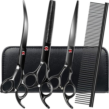 FAIGEO Professional Dog Grooming Scissors Set Stainless Steel Dog Grooming Kit - Thinning, Curved Scissors and Comb for Cat Pet (Black 5 in1)